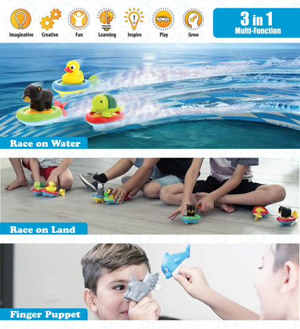 Dollibu Boat Racer Buddy, Fun Educational Bath Toy Finger Puppet Pull and Go Water Racing Woodland Pal for Shower Pool Bathtub Swim Hard Surfaces for Baby Toddler and Boy - 6 Inch - 3 in 1 Game - Bear