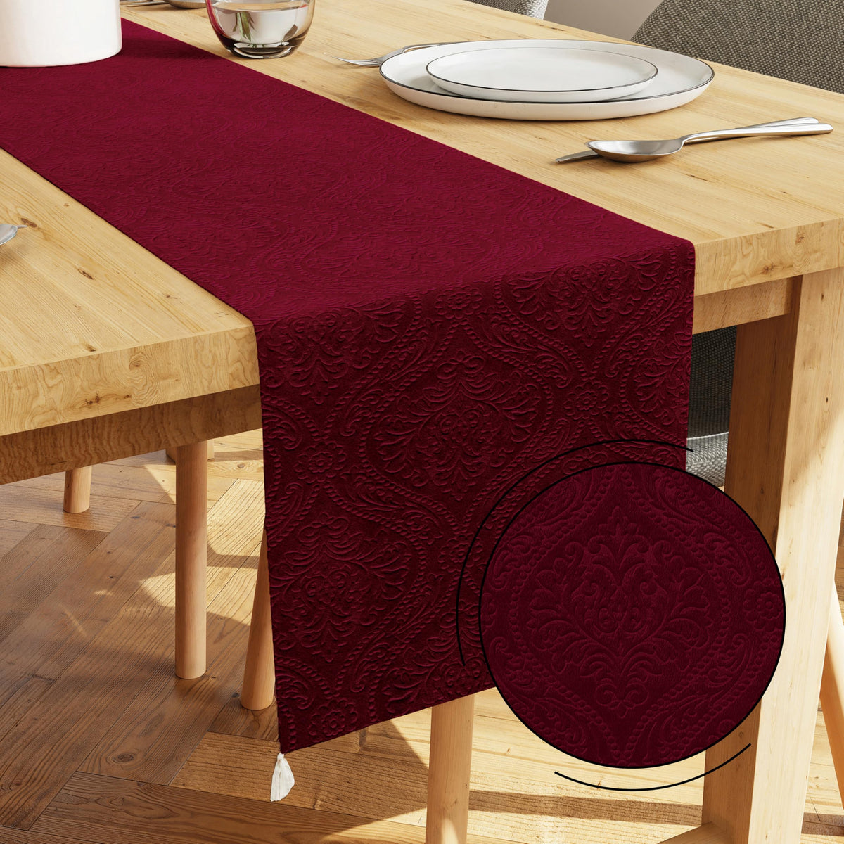 Encasa XO Dining Table Runner | Embossed Velvet | 32x150 cm | Maroon Color with Premium Polyester - Machine Washable