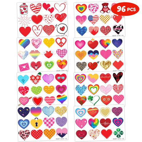 Heart Temporary Tattoos - Valentine Tattoos 96PCS Love Themed Stickers for Kids Birthday Party Supplies, Decorations, Favors, and Prizes - Cute Gifts for Boys and Girls