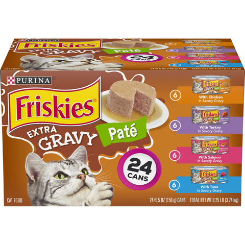 Purina Friskies Pate Wet Cat Food Variety Pack, Extra Gravy Pate Chicken, Turkey, Salmon & Tuna - (24) 5.5 oz. Cans