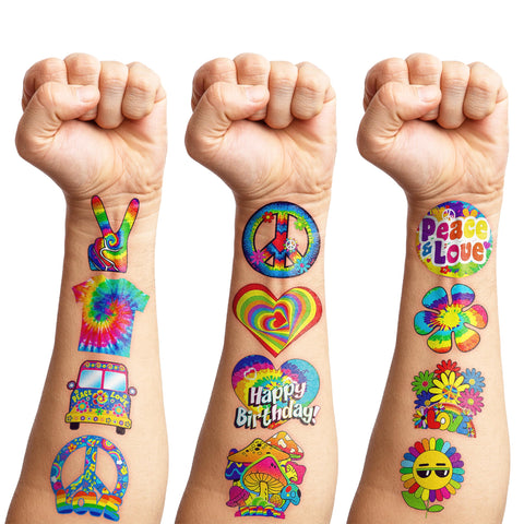 8 Sheets (96PCS) 60s Temporary Tattoos Theme Tie Dye Hippie Birthday Party Decorations Favors Supplies Stickers For Adults Kids Gifts Classroom School Prizes Rewards