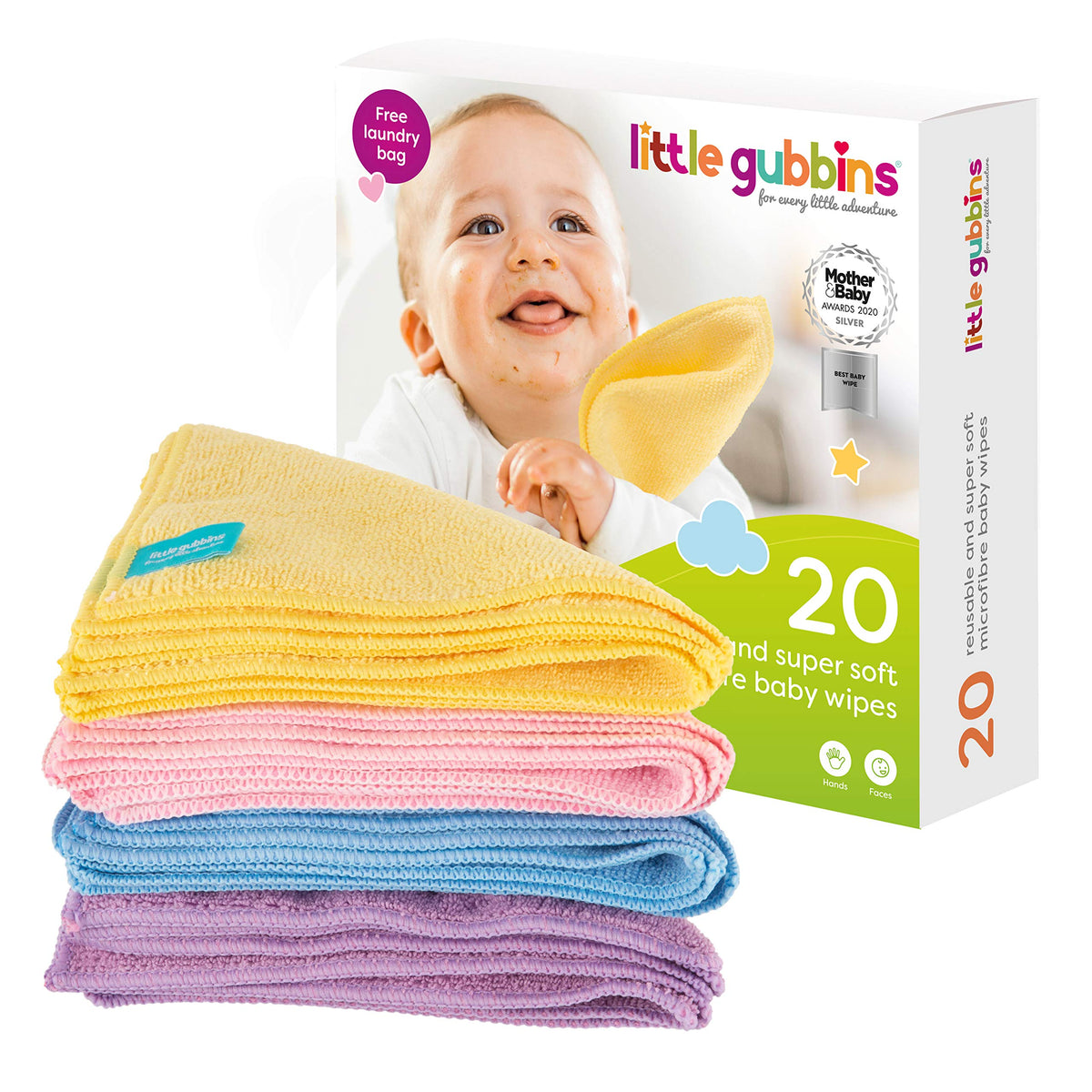 Little Gubbins 20 Microfibre Baby Wipes with Free Laundry Bag | Made From Recycled Materials | Pack of 20 x 20cm Reusable, Washable, Dry, Unscented Cloths | Ideal for Hands & Faces