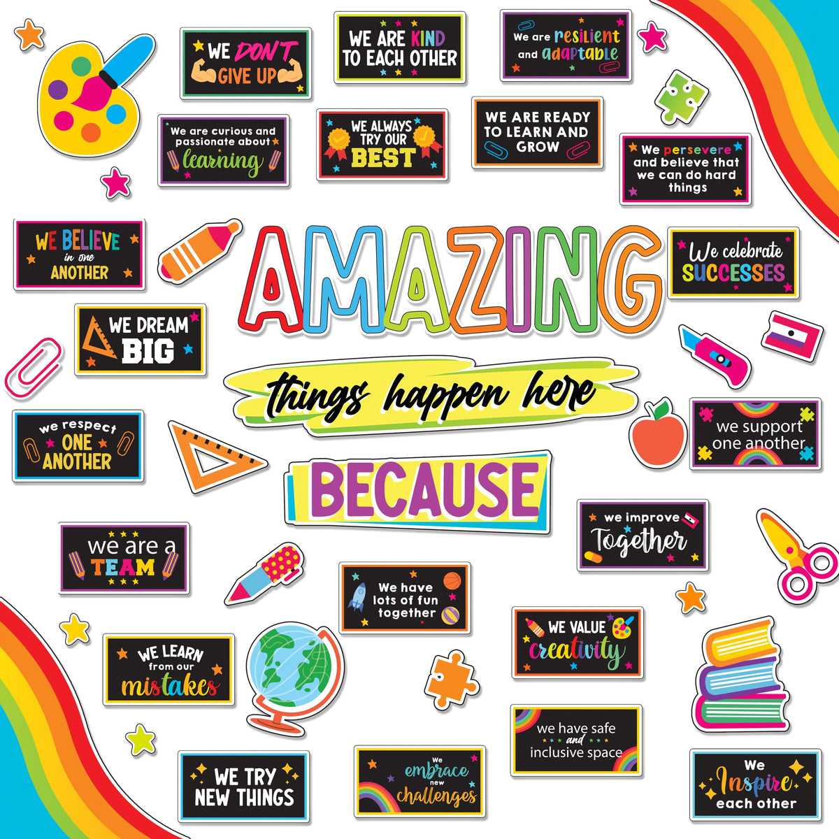 Decorably 49 Pcs Amazing Things Happen Here Bulletin Board Decorations for Elementary with Borders - Chalkboard School Bulletin Board Decorations, Bulletin Board Set, Bulletin Board Decor