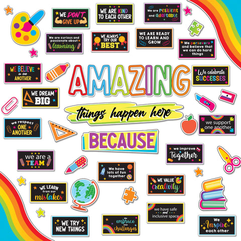 Decorably 49 Pcs Amazing Things Happen Here Bulletin Board Decorations for Elementary with Borders - Chalkboard School Bulletin Board Decorations, Bulletin Board Set, Bulletin Board Decor
