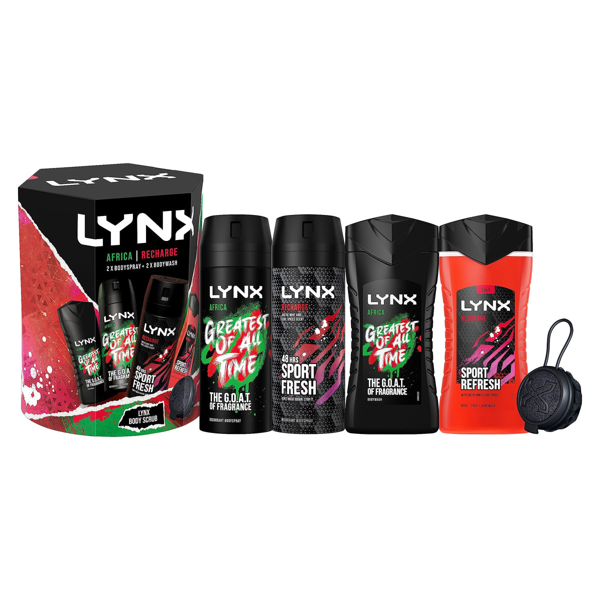 LYNX Recharge and Africa Bumper Pack Body Spray Gift Set Shower Tool, 2x Body Wash, 2x Deodorant perfect gifts for him 4 piece
