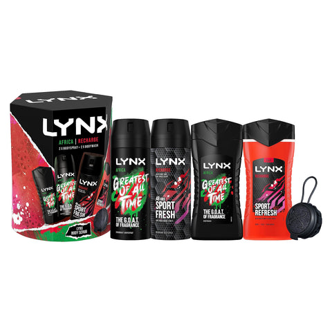 LYNX Recharge and Africa Bumper Pack Body Spray Gift Set Shower Tool, 2x Body Wash, 2x Deodorant perfect gifts for him 4 piece