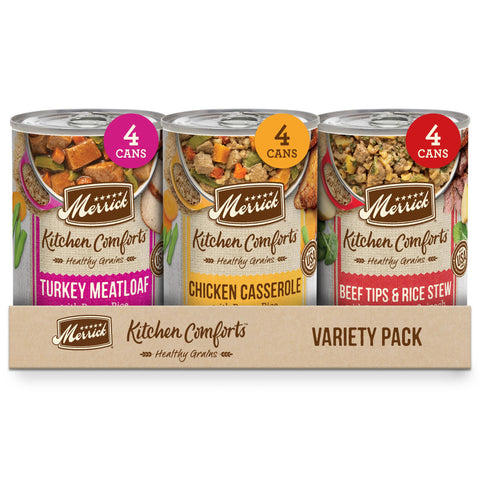 Merrick Kitchen Comforts Wet Dog Food Gravy, Variety Pack Real Meat and Brown Rice Dog Food with Grains - (1) 9.5 lb. Cans