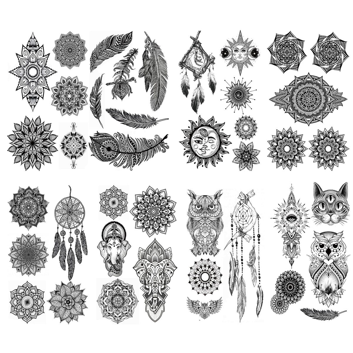 Kotbs 8 Sheets Black Henna Tattoos, Realistic Temporary Tattoos for Women Girls, Lace Mehndi Mandala Lotus Feather Dreamcatcher Pattern Fake Tattoo