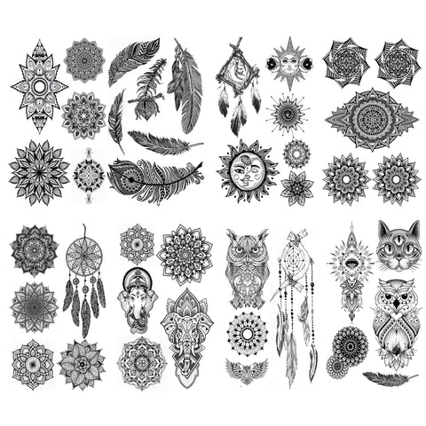 Kotbs 8 Sheets Black Henna Tattoos, Realistic Temporary Tattoos for Women Girls, Lace Mehndi Mandala Lotus Feather Dreamcatcher Pattern Fake Tattoo