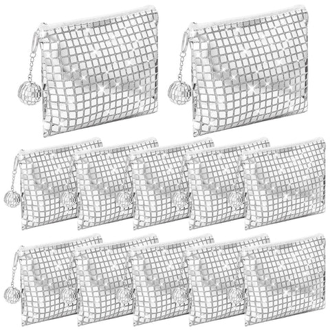 Locmeo 12 Pack Disco Cosmetic Bags Portable Silver Glitter Sequin Mirror Makeup Organizer Zipper Handbag with Disco Ball Last Disco Bachelorette New Years Eve 70s 80s 90s Disco Party Favors (Classic)