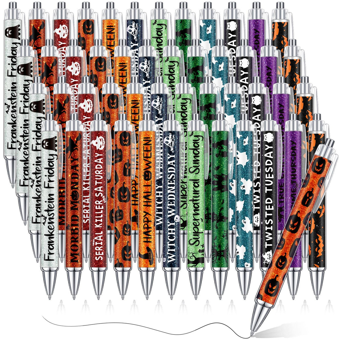 Cholemy 48 Pieces Halloween Pens Bulk Halloween Weekday Pens Glitter Fancy Funny Halloween Party Ballpoint Pens Halloween Pumpkin Skull Witch Bat Ink Pens for Office Halloween Party Favor