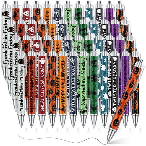 Cholemy 48 Pieces Halloween Pens Bulk Halloween Weekday Pens Glitter Fancy Funny Halloween Party Ballpoint Pens Halloween Pumpkin Skull Witch Bat Ink Pens for Office Halloween Party Favor