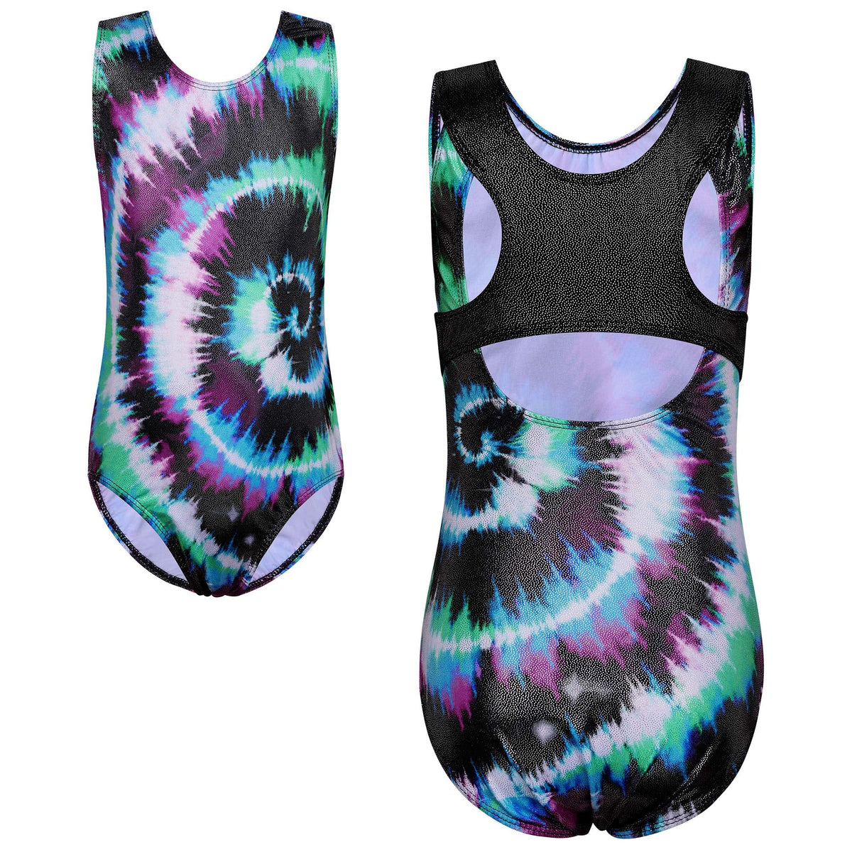 XFGIRLS Leotard for Girls Gymnastics Hollow Back One-Piece Ballet Dancewear Outfit Little Girls Leotard Black Tie Dye 11-12 Years