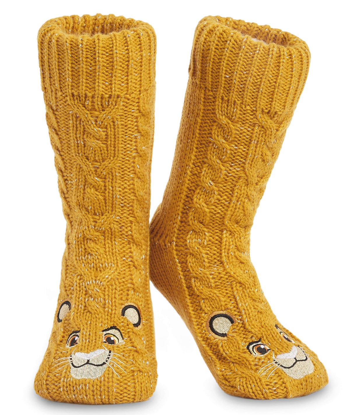 Disney Fluffy Sock Slippers, Soft and Cozy Womens Slipper Socks with Embroidery, Comfy Gripper Socks for Women, Fleece-Lined Non Slip Socks Womens Footwear for Winter, Lion King, Yellow