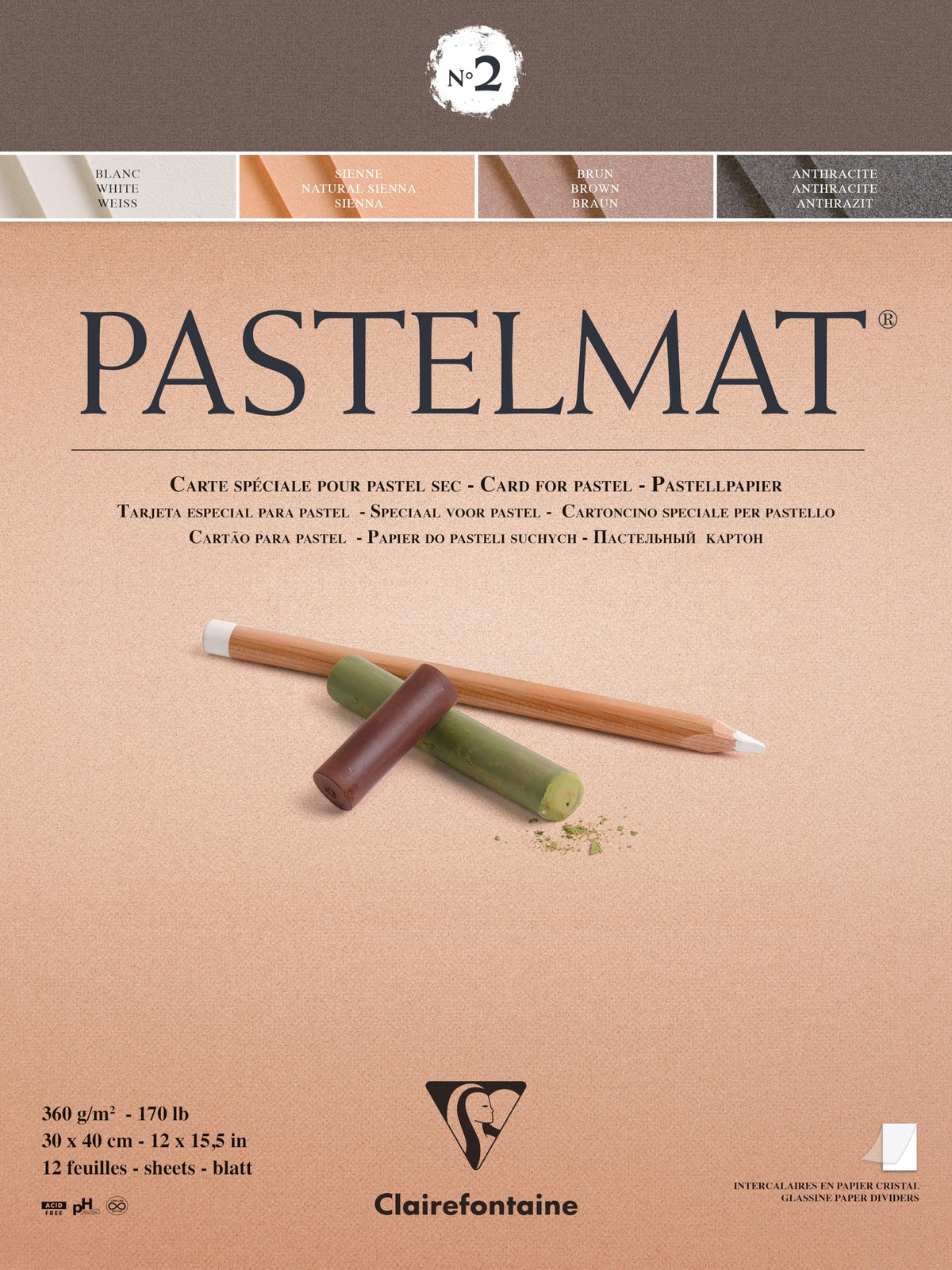 Clairefontaine - Ref 96008C - Pastelmat Pastel Card Pad No.2 (12 Sheets) - 360gsm Card - 30 x 40cm - Assorted Colours - Specially Formulated For Use With Pastels