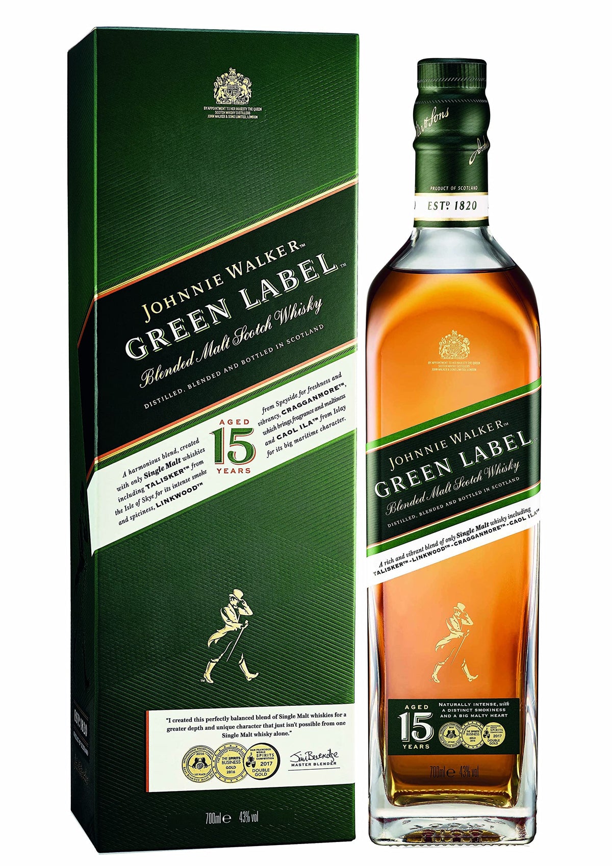Johnnie Walker Green Label | Blended Scotch Whisky | 43% Vol | 70cl | Enjoy Neat Or In Drinks| Scottish Whisky Made Using Single Malt Whiskies Matured At Least 15 Years| With Gift Box| Gift For Easter
