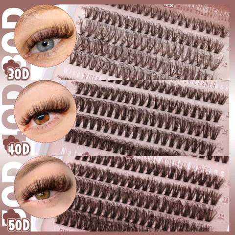 JIMIRE Brown Lash Clusters 300Pcs Fluffy Brown Cluster Eyelash Extensions Wispy Lashes Clusters D Curl 30D+40D+50D Brown Fluddy DIY False Eyelashes Pack