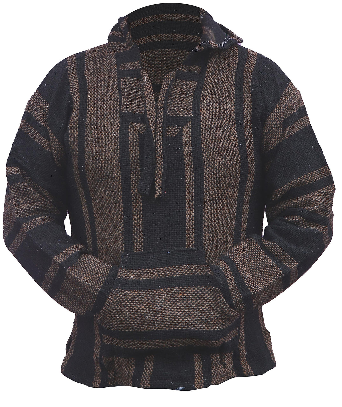 Mexican Baja Hoodie Hippie Surf Poncho Sweater Sweatshirt Pullover Jerga (Medium, Brown/Black)