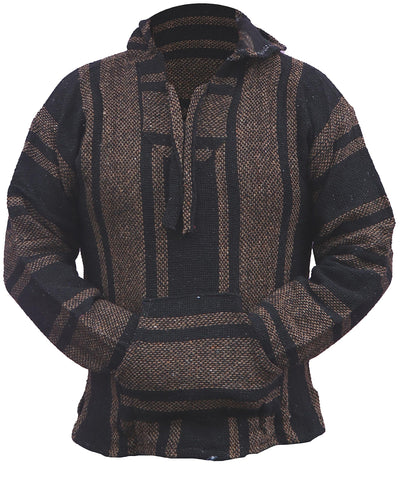 Mexican Baja Hoodie Hippie Surf Poncho Sweater Sweatshirt Pullover Jerga (Medium, Brown/Black)