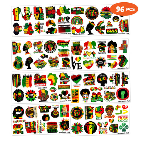 96 PCS Happy Juneteenth Freedom Day Temporary Tattoos Theme Birthday Party Decorations Supplies Favors Decor African Americans Independence Tattoo Stickers Gifts For Kids Boys Girls School Prizes