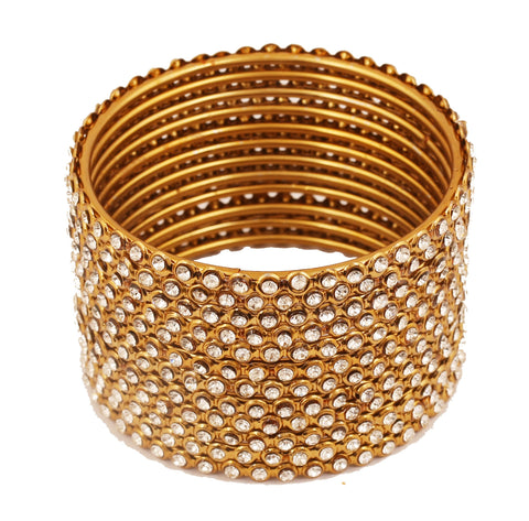 Touchstone "Golden Bangle Collection Indian Bollywood Stunning Clear Rhinestone Thin Charming Look Designer Jewelry Large Size Bangle Bracelets Set of 12 for Women in Antique Gold Tone.
