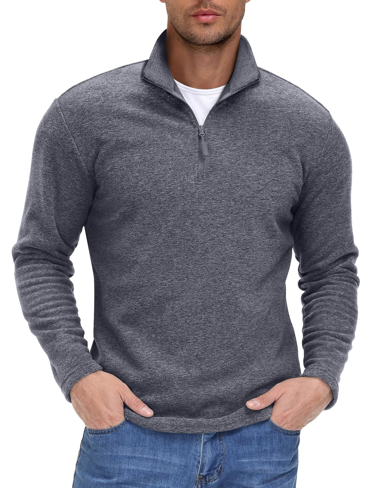EKLENTSON Mens Fleece Pullover Quarter-zip Sweatshirts Winter Running Fleece Tops Micro Fleece Jumper Sweater Pullover Dark Grey,XL
