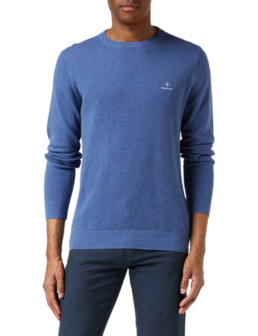 GANT Men's Cotton Pique C-Neck, Denim Blue Mel, L