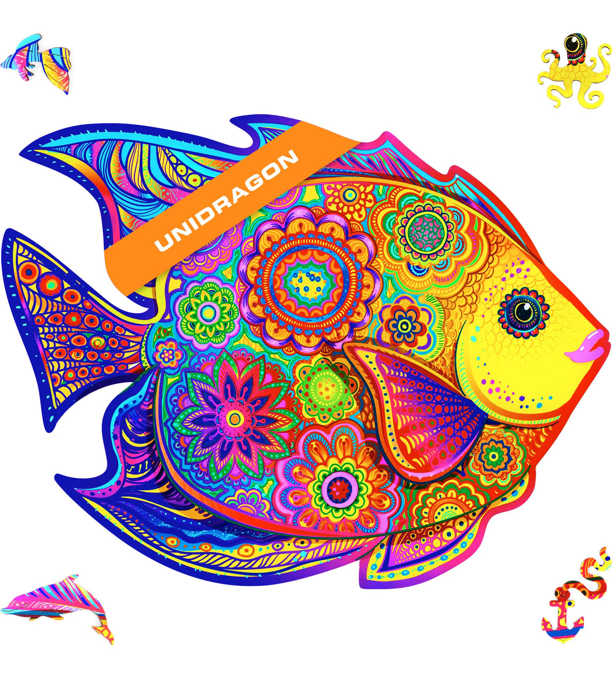 UNIDRAGON Wooden Jigsaw Puzzles - Shining Fish, 106 pcs, Small 9.1"x7.1", Beautiful Gift Package, Unique Shape Best Gift for Adults and Kids