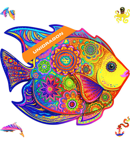 UNIDRAGON Wooden Jigsaw Puzzles - Shining Fish, 106 pcs, Small 9.1"x7.1", Beautiful Gift Package, Unique Shape Best Gift for Adults and Kids