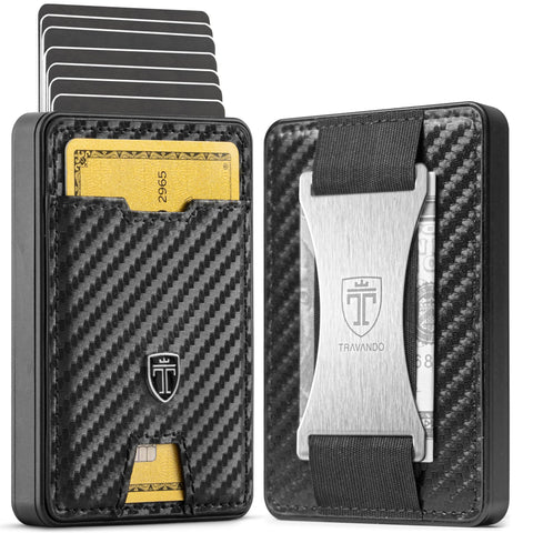 TRAVANDO Swype Slim Wallet for Men Metal RFID Blocking Mens Wallet Card Case, XL Carbon, Swype Slim, Cash Strap