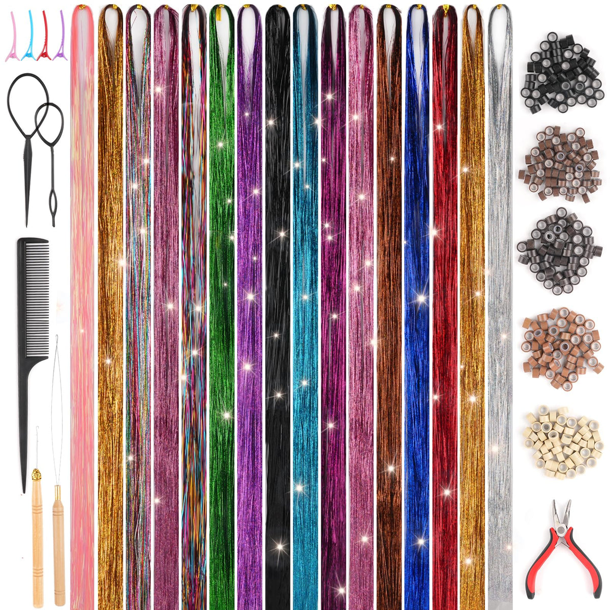 Hair Tinsel Kit with Tools, 16 Colours 3200 Strands Glitter Hair Extensions, 47 Inch Sparkling Shiny Hair Tinsel, Heat Resistant Fairy Hair Accessories for Women Girls Party Cosplay Hair Decor