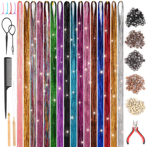 Hair Tinsel Kit with Tools, 16 Colours 3200 Strands Glitter Hair Extensions, 47 Inch Sparkling Shiny Hair Tinsel, Heat Resistant Fairy Hair Accessories for Women Girls Party Cosplay Hair Decor