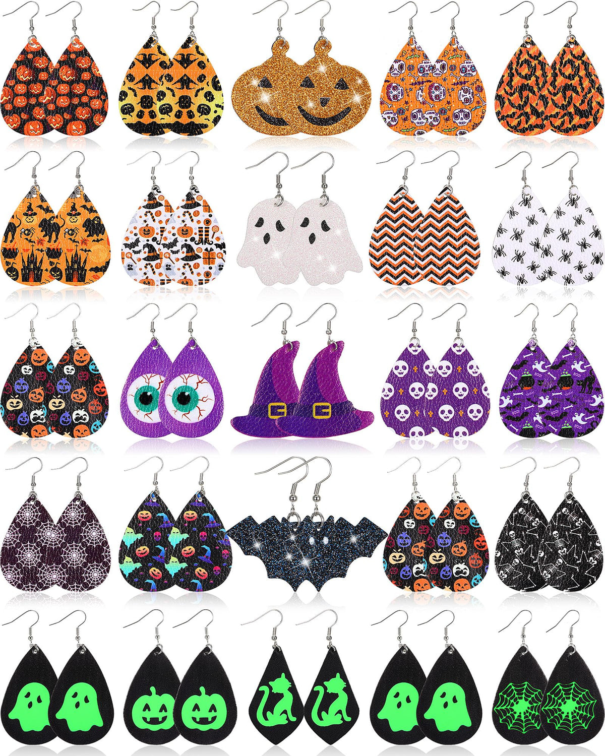 Hicarer 25 Pairs Halloween Faux Leather Earrings Teardrop Drop Dangle Earrings Jewelry Gift for Women Costume Party Decoration Supplies