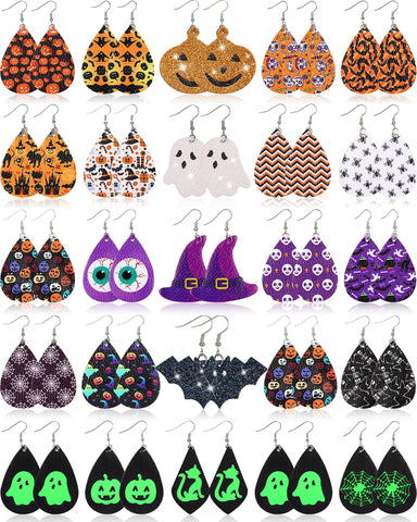 Hicarer 25 Pairs Halloween Faux Leather Earrings Teardrop Drop Dangle Earrings Jewelry Gift for Women Costume Party Decoration Supplies