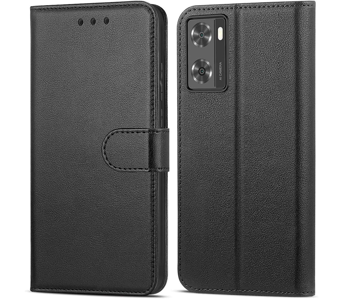 NWNK13 For Oppo A57 / A77 / A57S Case Leather Wallet Book Flip Stand View Phone Cover with Card Holder Slots Compatible with Oppo A77S (Black)