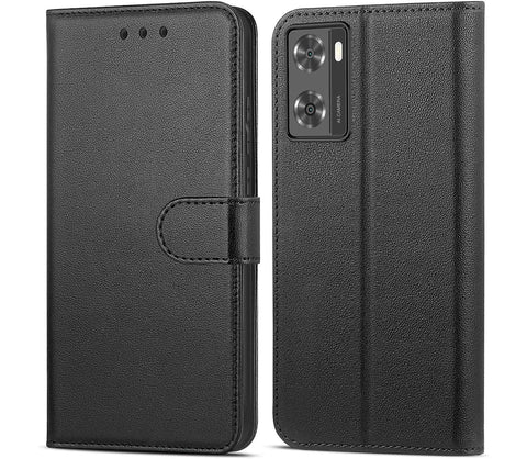 NWNK13 For Oppo A57 / A77 / A57S Case Leather Wallet Book Flip Stand View Phone Cover with Card Holder Slots Compatible with Oppo A77S (Black)