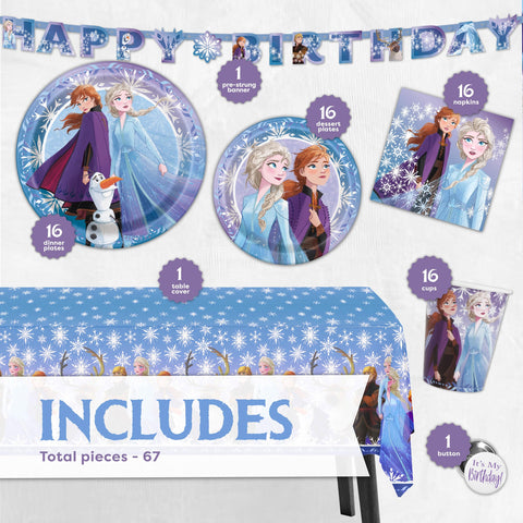 Frozen 2 Theme Birthday Party Supplies Pack - Serves 16 Guests - Banner Decoration, Table Cover, Dinner & Cake Plates, Cups, Napkins, Button