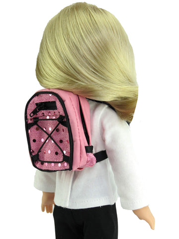 American Fashion World Doll Pink Sequin School Backpack for 14-Inch Dolls | Premium Quality & Trendy Design | Dolls Accessories for Popular Brands