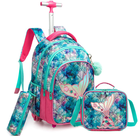 ZBAOGTW Mermaid Rolling Backpack for Gilrs School Backpack with Wheels Roller Wheels Bookbag Trolly Luggage for Elementary