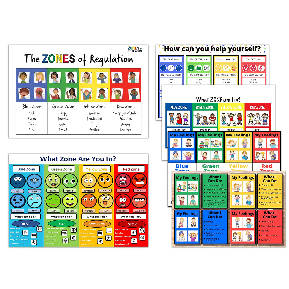 DEVENALSA 6 Zones of Regulation Poster, Feelings Posters, Feelings Chart For Kids, Emotions Poster, Calm Down Corner Poster, Autism Sensory Products, Set of 6 (12Ã—18inch)