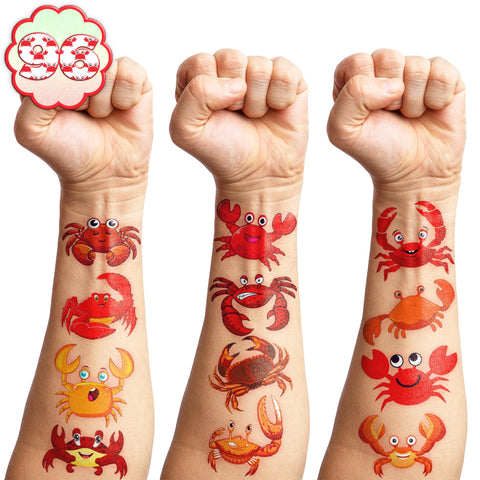 Crab Temporary Tattoos Themed Birthday Party Supplies Favors Decorations Ocean Beach Animal Cute 96PCS Tattoos Stickers Funny for Kids Girls Teens School Classroom Rewards Gifts Ideal Baby Shower