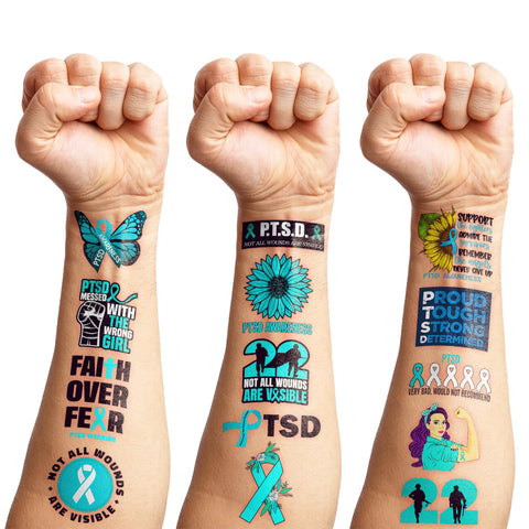 Generic 105 PCS PTSD Awareness Stickers Tattoos Teal Awareness Ribbon Veteran Party Decorations Supplies Favors Gifts for Kids Adults Men Women Prizes Rewards