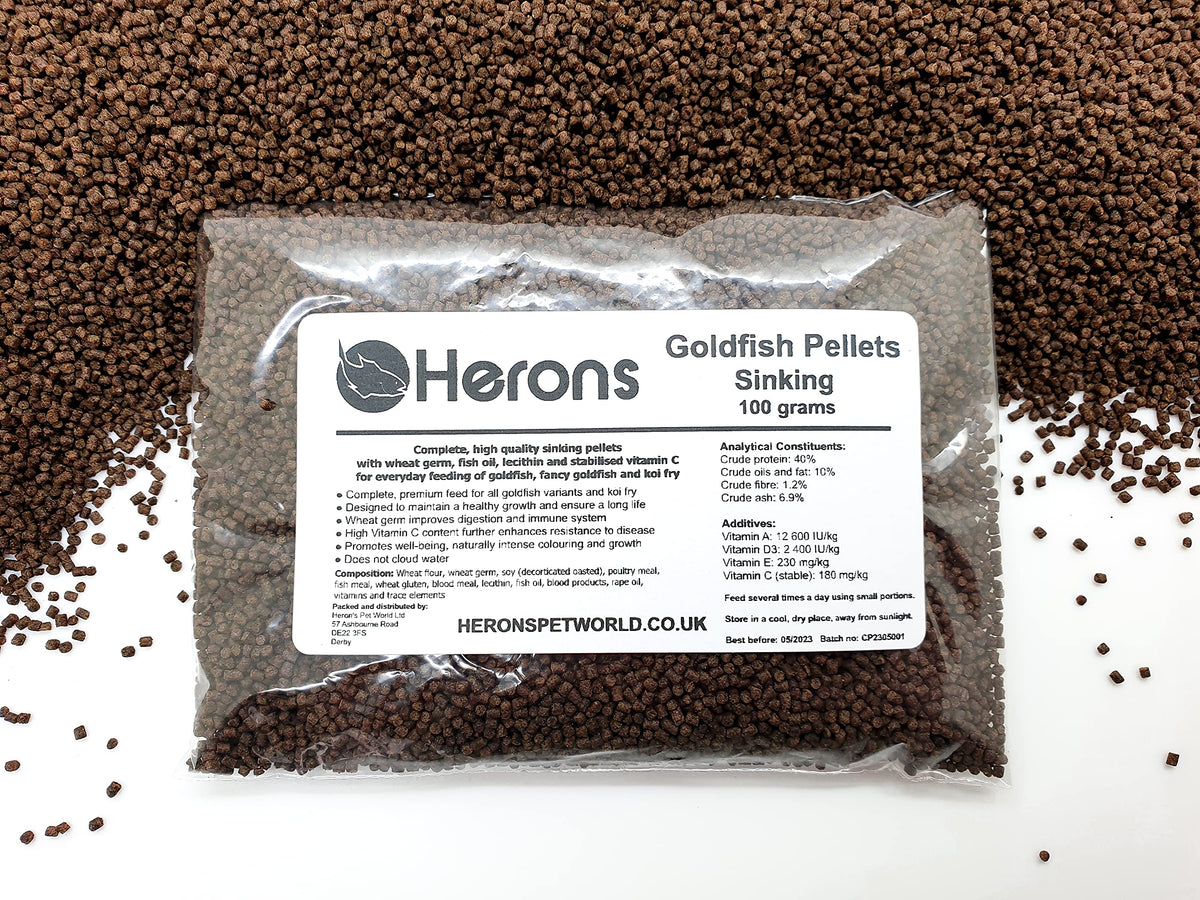 HERONS - Goldfish Pellets, Sinking Pellets for All Goldfish Varieties and Koi Fry - Multi-ingredient with Wheat Germ, Lecithin and Stabilised Vitamin C - High Protein - 100 grams