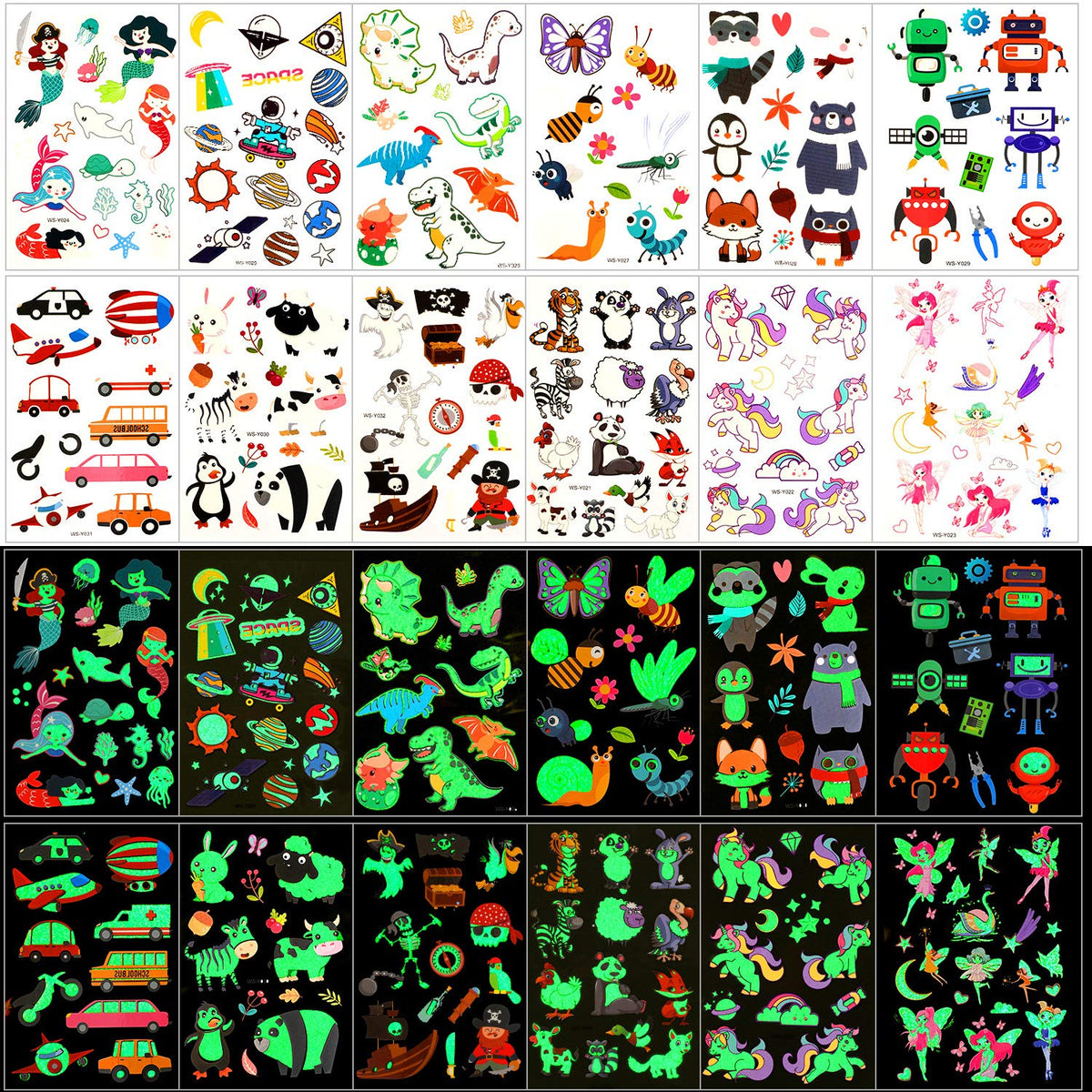 Konsait Temporary Tattoos for Kids, Glow In The Dark Mixed Style Cartoon Tattoo, Luminous Mermaid Butterfly Animal Dinosaur Pirate Car Space Fake Tattoo, Boys Girls Party Favor Supplies