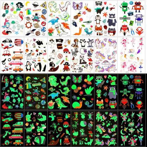 Konsait Temporary Tattoos for Kids, Glow In The Dark Mixed Style Cartoon Tattoo, Luminous Mermaid Butterfly Animal Dinosaur Pirate Car Space Fake Tattoo, Boys Girls Party Favor Supplies