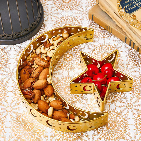2 Pcs Eid Mubarak Moon Star Dinner Plate Tray Ramadan Serving Muslim Star and Moon Tray Islamic Pastry Tray Tableware Dessert Food Storage Container Display Holder for Party, Gold