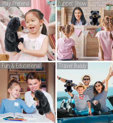 DolliBu Black Bear Plush Hand Puppet for Kids - Soft Plush Stuffed Animal Hand Puppet Toy, Puppet Show Games Puppet Theaters for Kids, Adult Cute Puppets Educational Toy to Teach Children & Toddlers