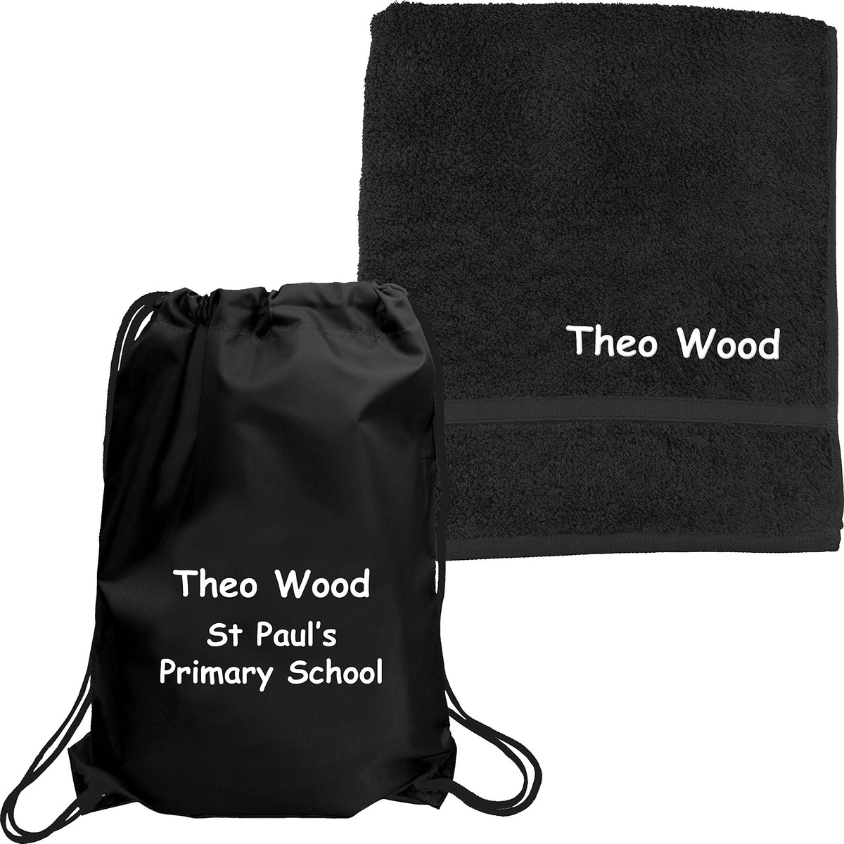 Boy's Personalised Name & School Sports PE Drawstring Bag & Towel Set (Black)