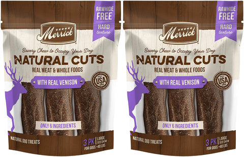 Merrick 2 Pack of Real Venison Natural Cuts Rawhide-Free Hard Dog Treats, 3 Large Chews Each, Made in The USA