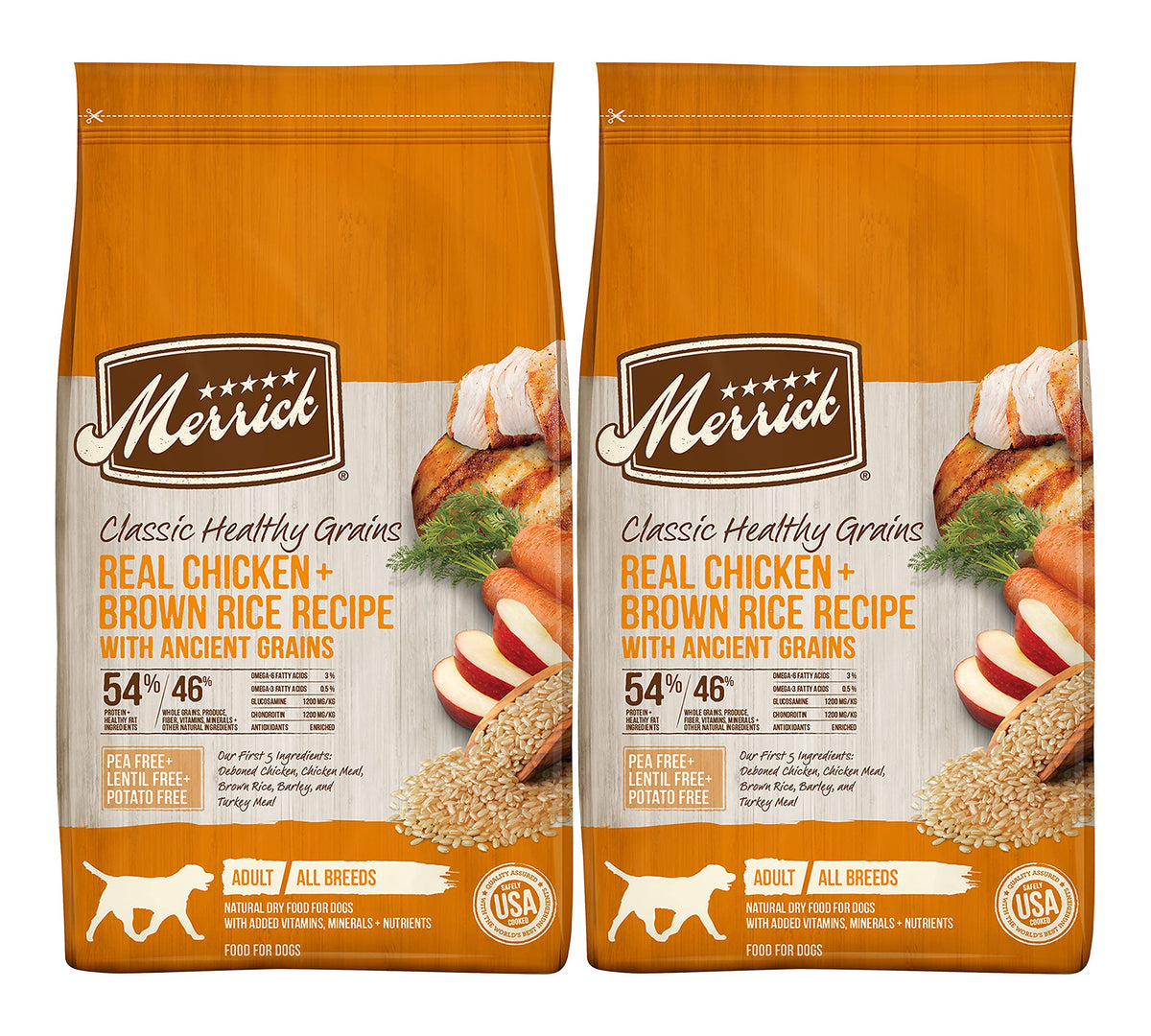 Merrick Classic Healthy Grains Dry Dog Food, Real Chicken & Brown Rice Recipe with Ancient Grains, for Adult Dogs of All Breeds, 4 LB Bag (Pack of 2 Bags)